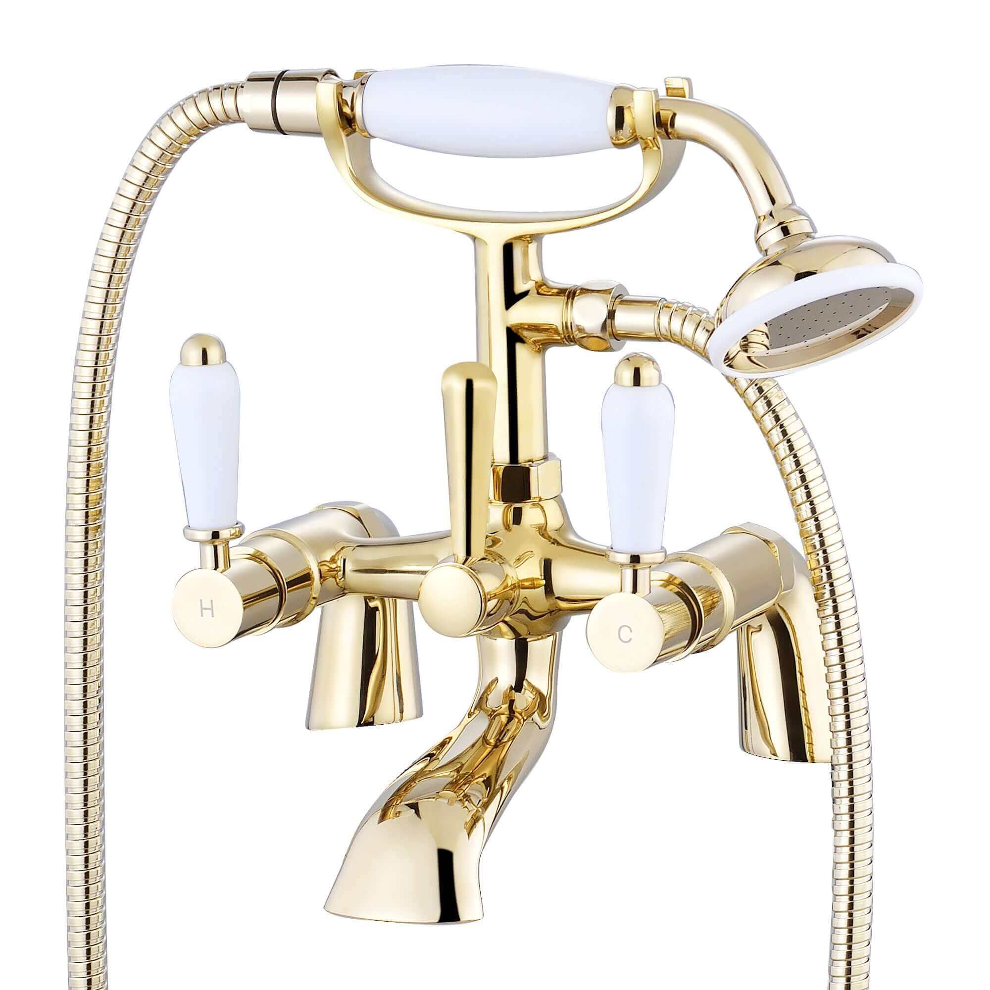 Buy Downton bath shower mixer tap with white ceramic levers - gold Online UK | HOUSE OF ENKI